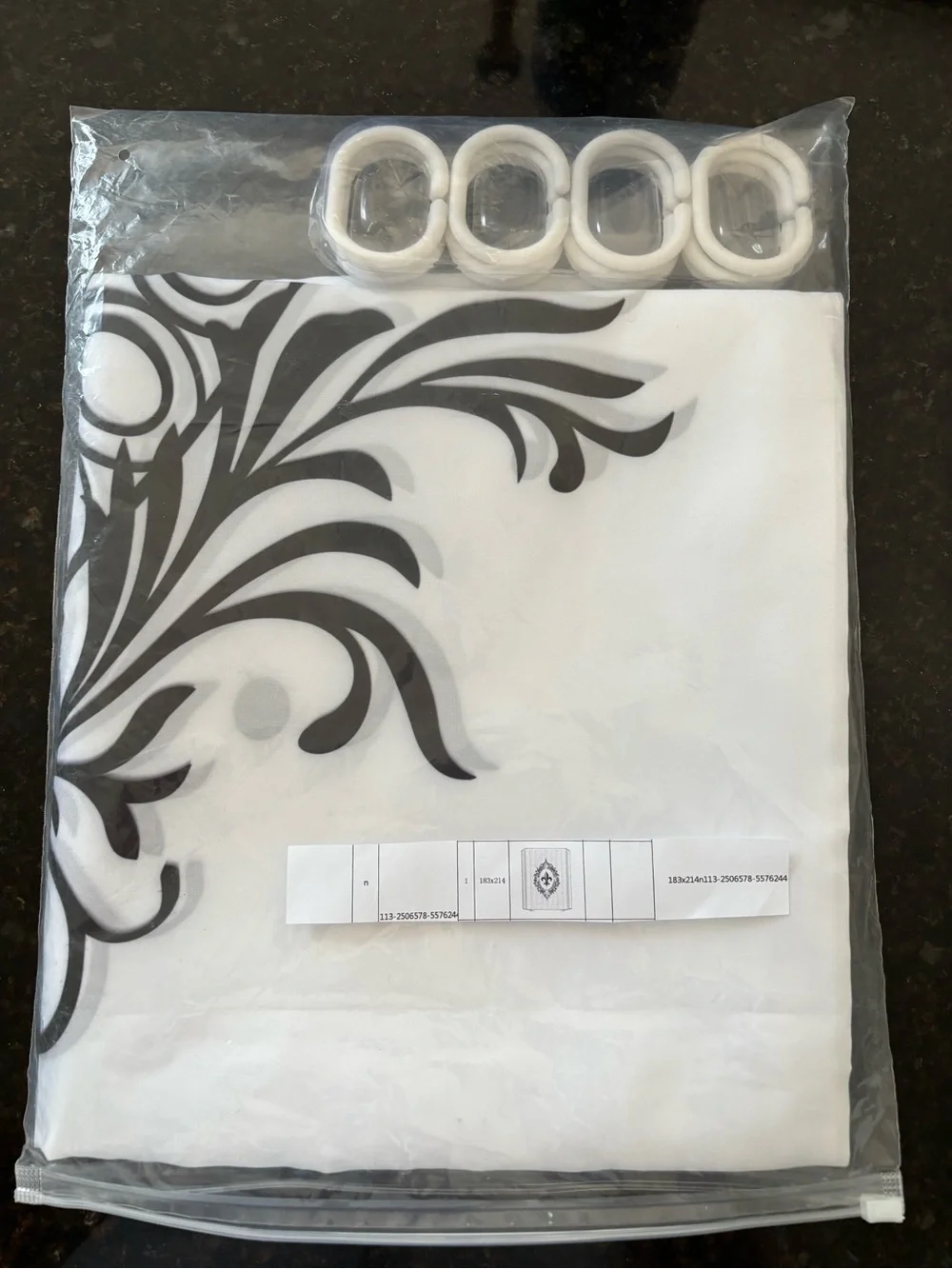 Decorative Fleur-de-Lis Shower Curtain with white hooks